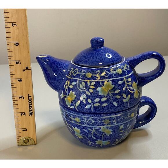 World Market Tea For One Blue Floral Ceramic Teapot/Cup Combo Stackable - Picture 13 of 14